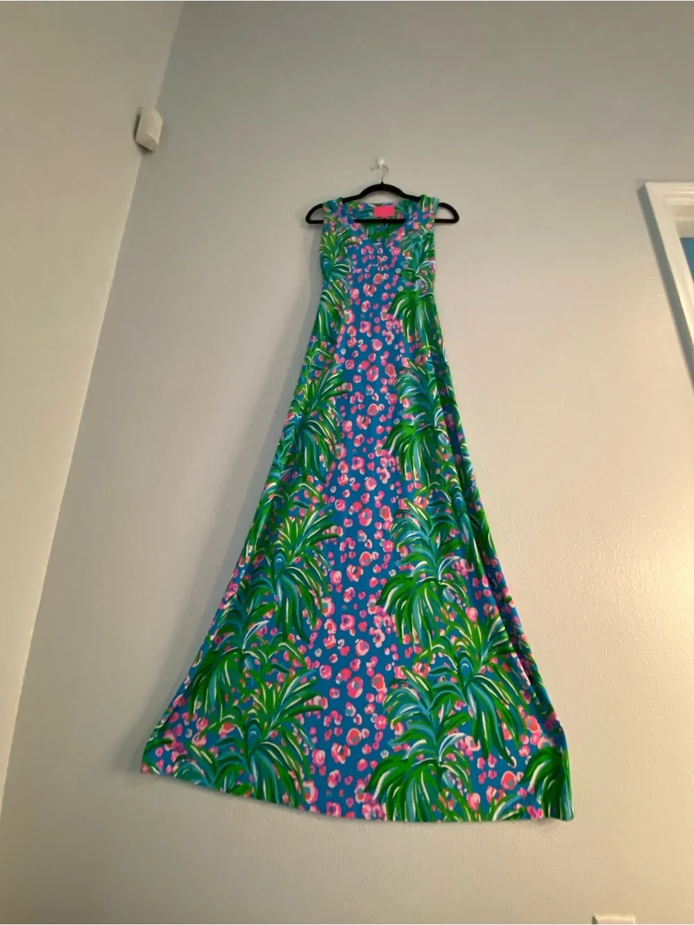 Lilly Pulitzer Blue Maxi Dress with Green Palm & Pink Floral Print - Picture 6 of 8